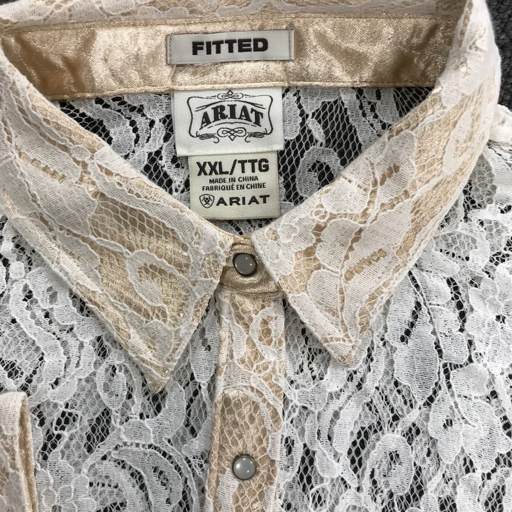Ariat Womens XXL White Floral Lace Western Snap Shirt Fitted Tan Trim L/S - Picture 4 of 10